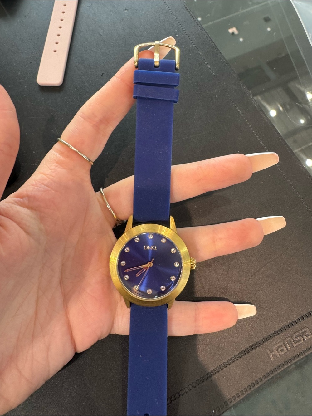New DMQ Women’s Gold tone & blue Watch w Crystal Markers and rubber Strap
